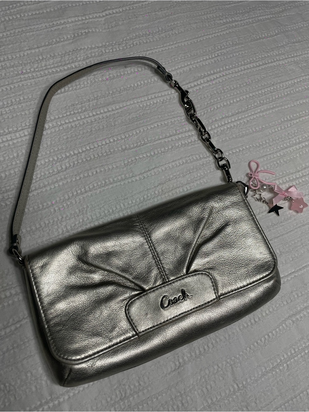 Coach Silver Leather Shoulder Bag with Charm Accent